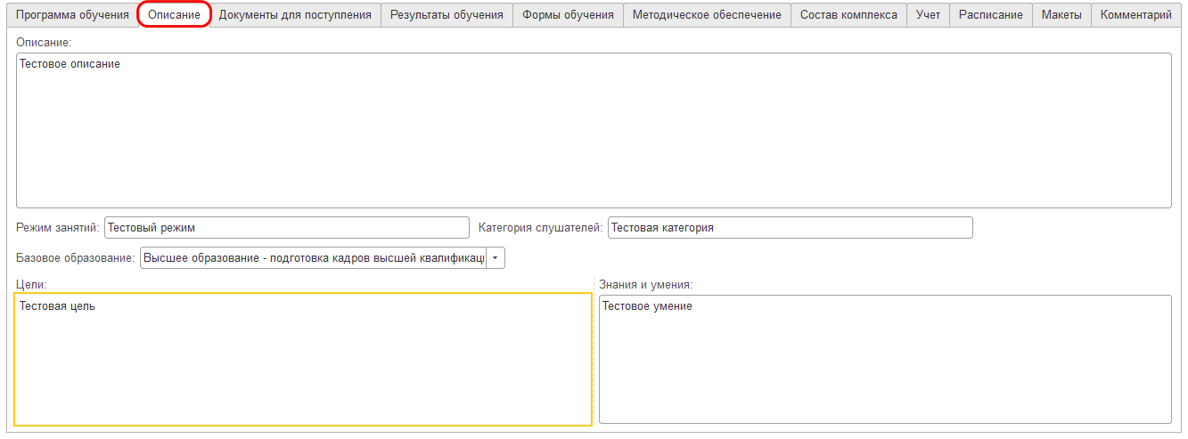 Закладка «Описание»