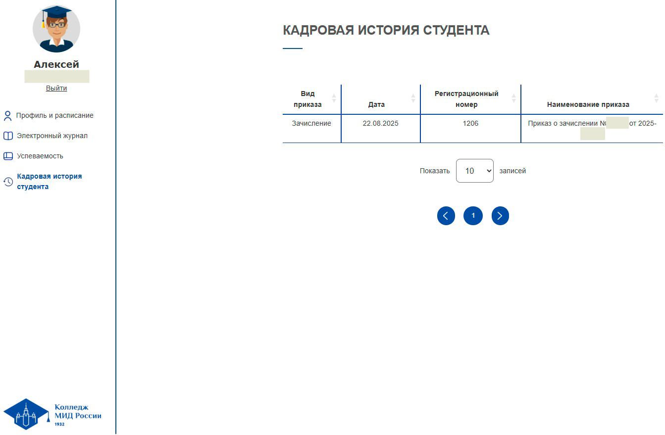 Внешний вид раздела Кадровая история